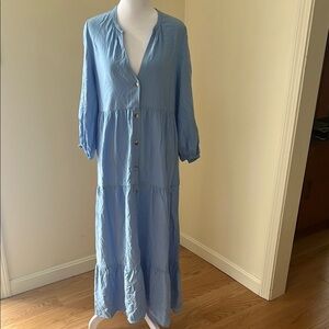 Zara XS blue button down tiered linen blend midi dress.
